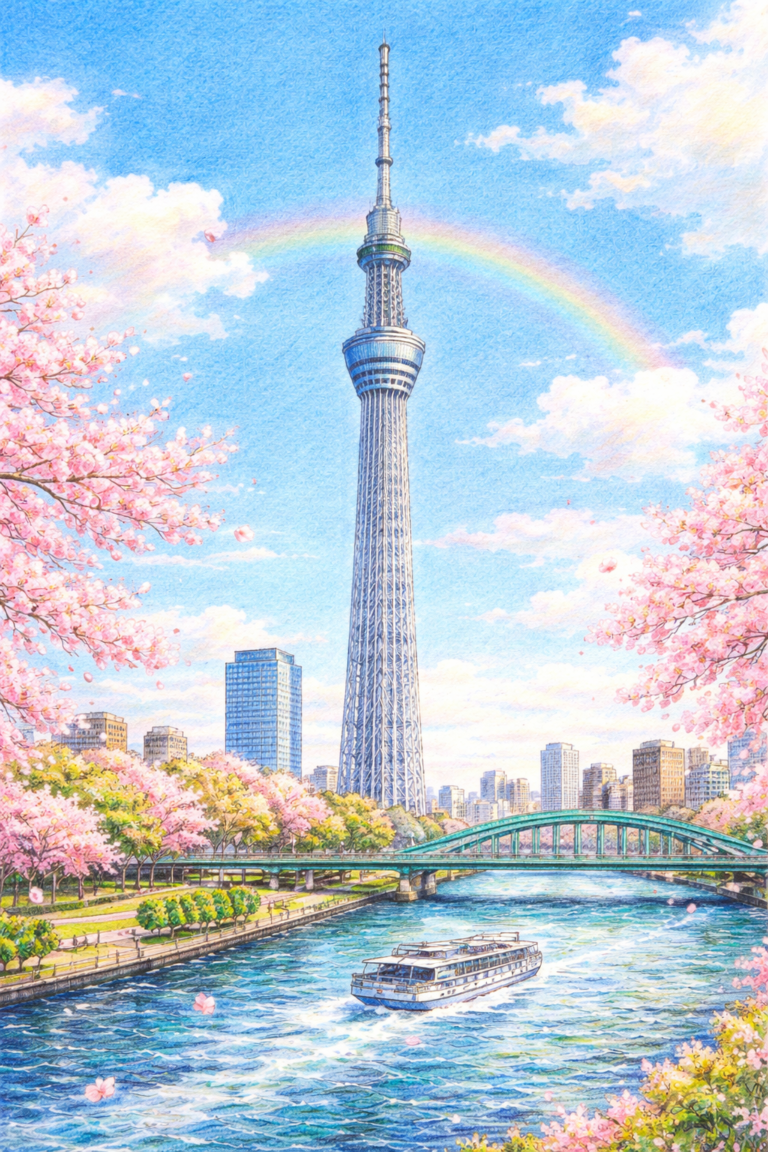 スカイツリーの色鉛筆イラスト
